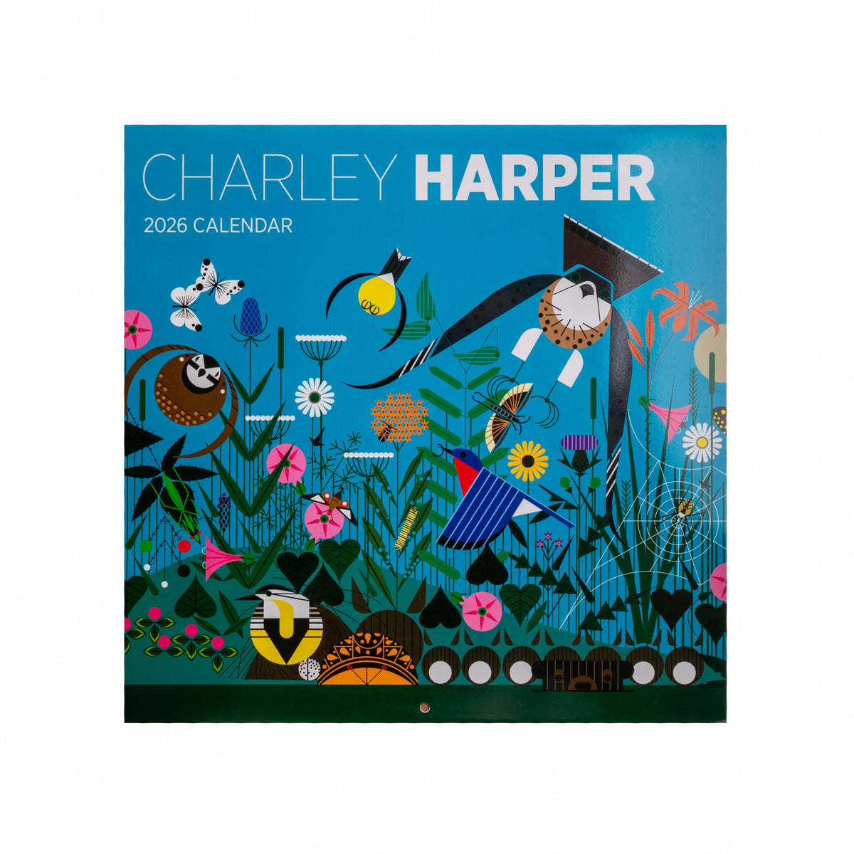 2026 Charley Harper calendar with colorful illustrations on a blue background