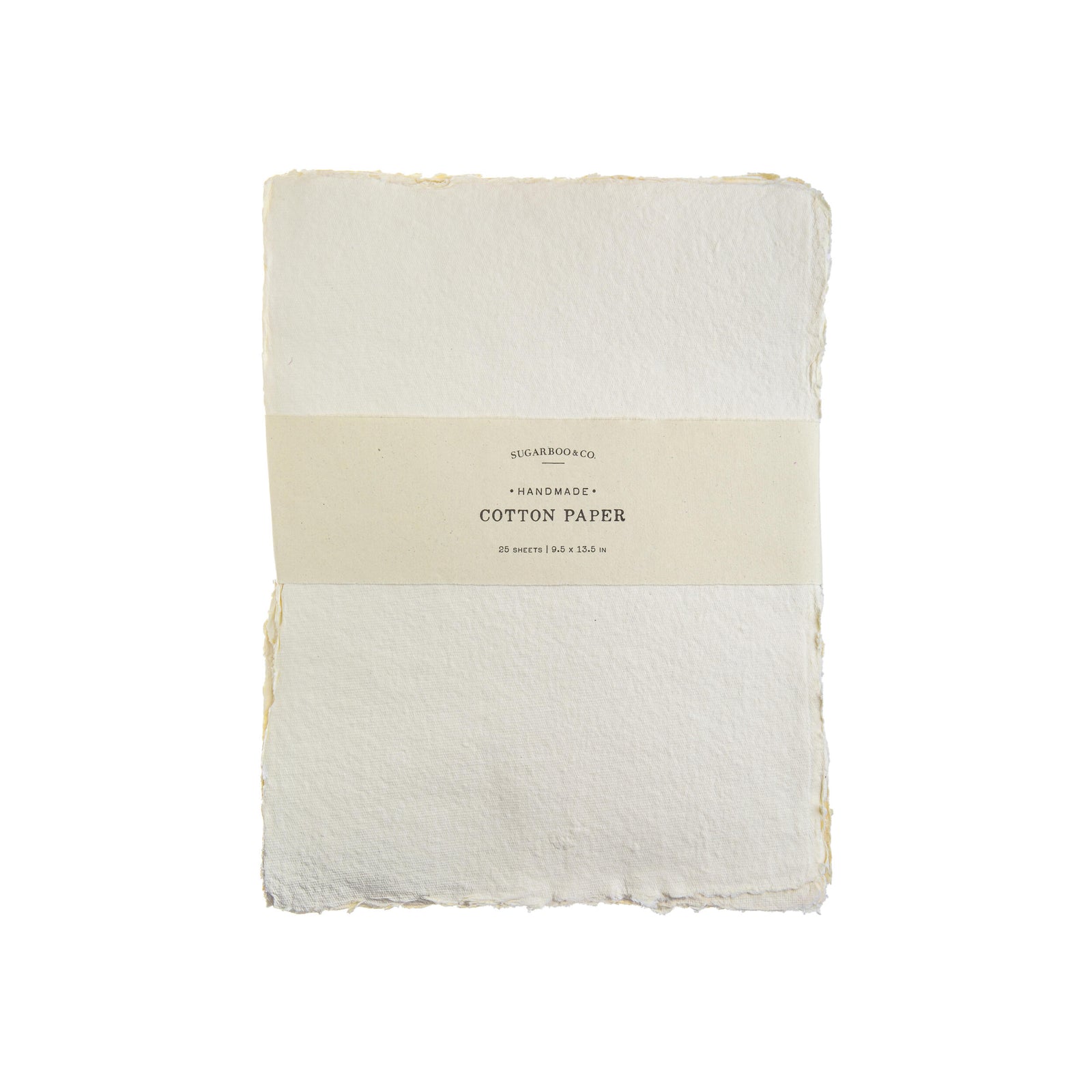 White cotton paper with a beige band featuring text on a white background