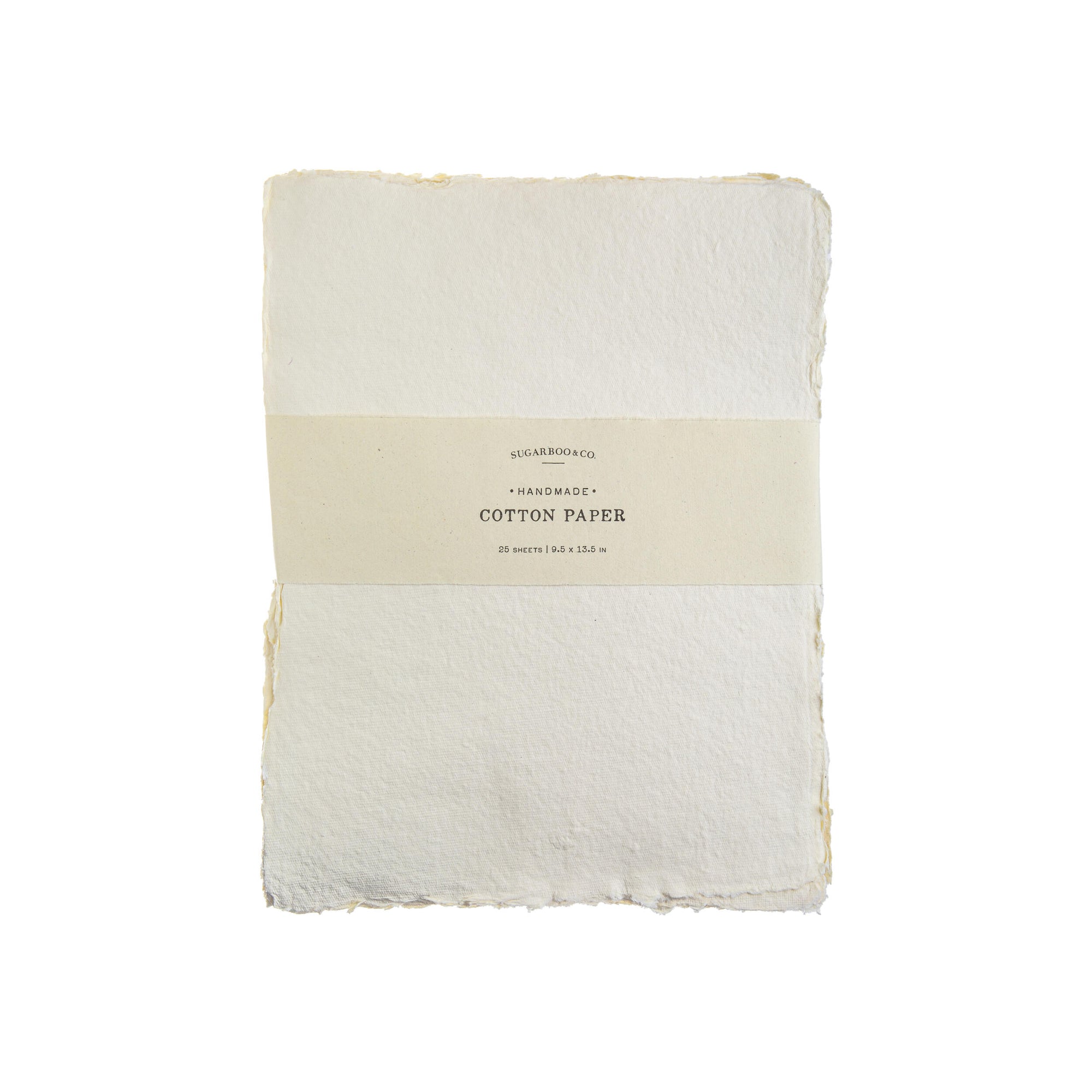 White cotton paper with a beige band featuring text on a white background