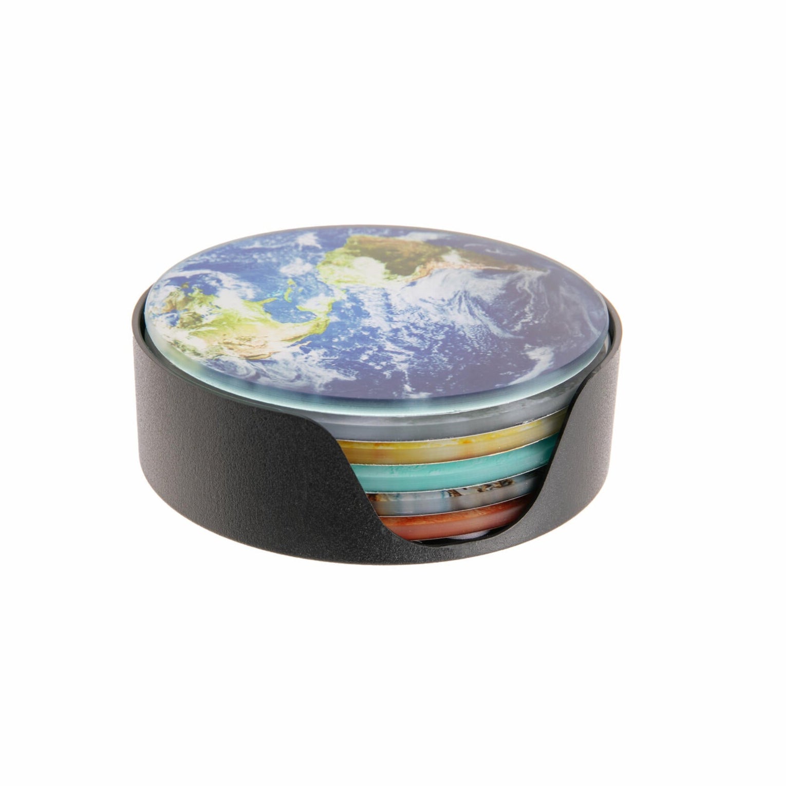 Bring the magic of the cosmos to your table with these mesmerizing round glass coasters featuring stunning illustrations of the planets in our solar system. Includes a holder to keep your coasters neatly organized when not in use. Set includes six coasters, and a coaster holder Material: Glass coasters, plastic holder
