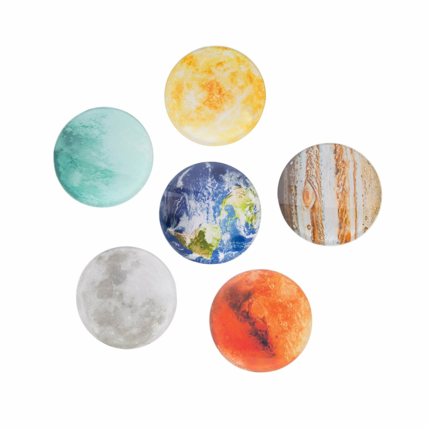 Bring the magic of the cosmos to your table with these mesmerizing round glass coasters featuring stunning illustrations of the planets in our solar system. Includes a holder to keep your coasters neatly organized when not in use. Set includes six coasters, and a coaster holder Material: Glass coasters, plastic holder