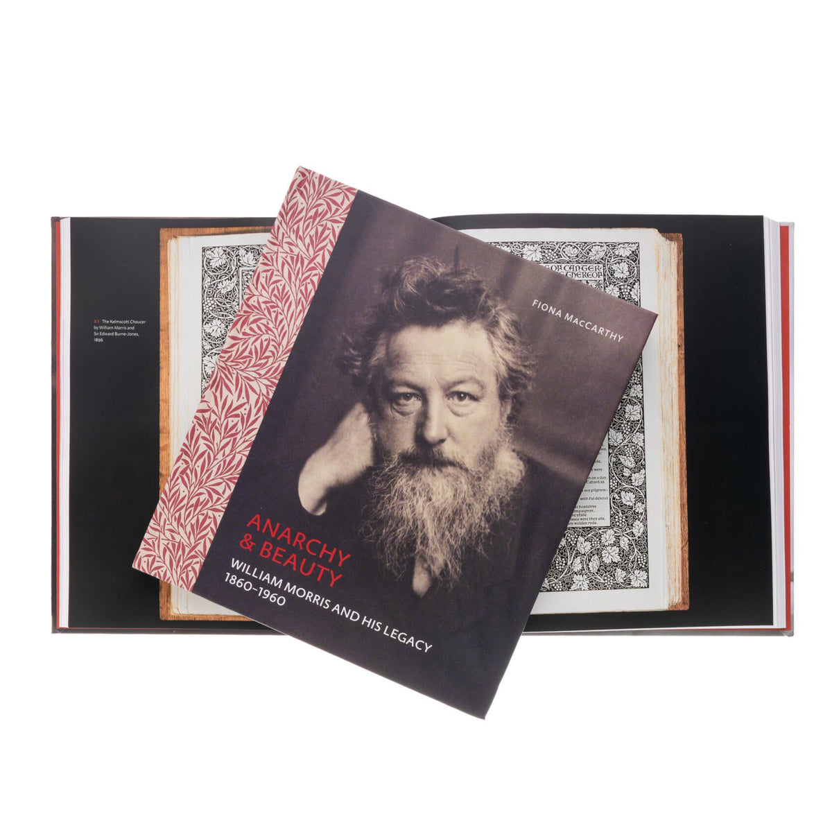 Book with a portrait of William Morris and text on a white background