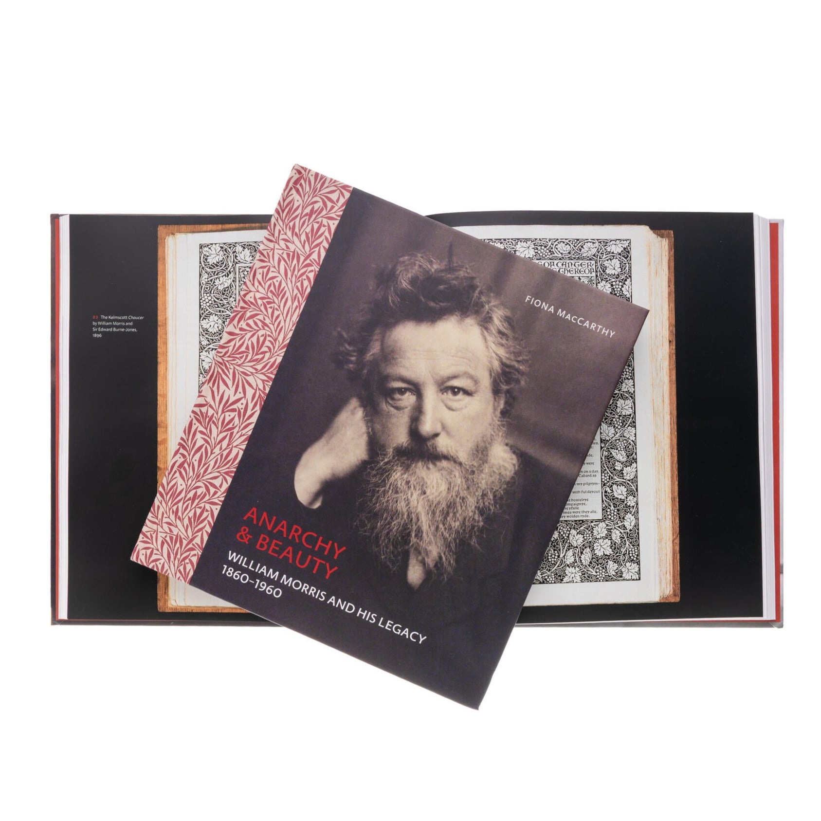 Book with a portrait of William Morris and text on a white background