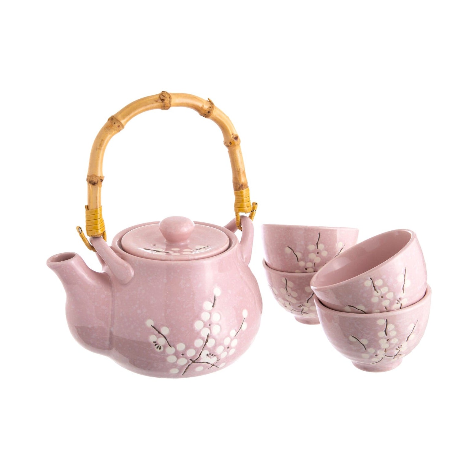 Teatime just got extra charming. This pretty pink set features a delightful blossom motif and includes four ceramic cups and a teapot with a removable bamboo handle. Perfect for serving and enjoying your favorite jasmine, matcha, or fruit teas. Material: Ceramic Set includes: 4 cups, 1 teapot