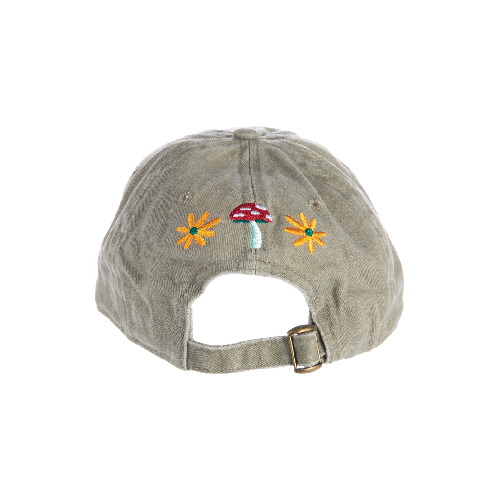 This soft, washed khaki-colored baseball cap features an embroidered snail on some mushrooms with flower details on the front, this cap is sure to charm others with its cute botanical friends. The cap features an adjustable metal buckle to ensure the perfect fit. Materials: Cotton, Metal. One size. Adjustable buckle.