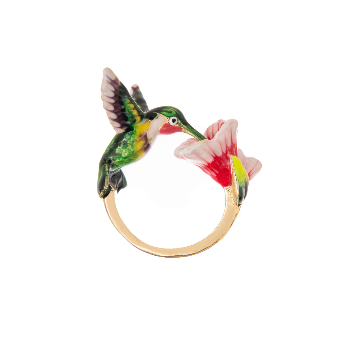 Ring with a colorful hummingbird and flower design on a white background