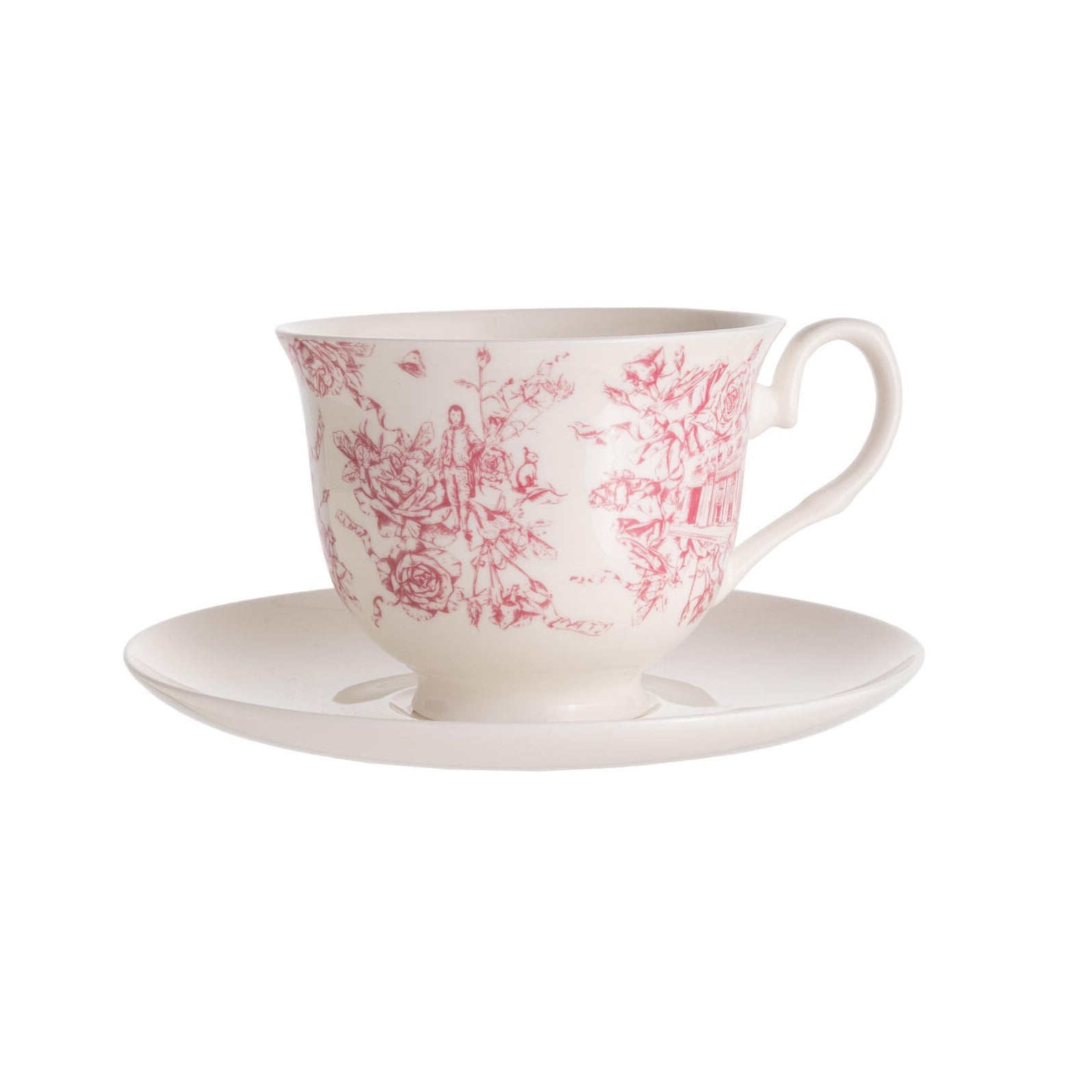 A white bone China teacup and saucer with a red floral toile print.