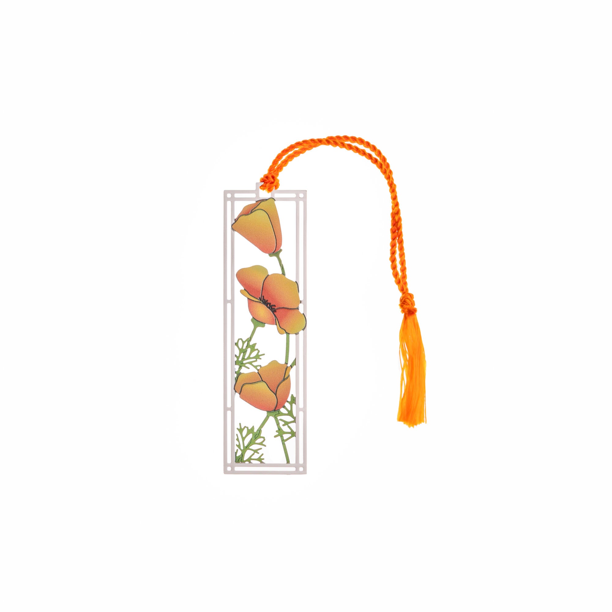 Floral bookmark with orange flowers and green leaves on a white background