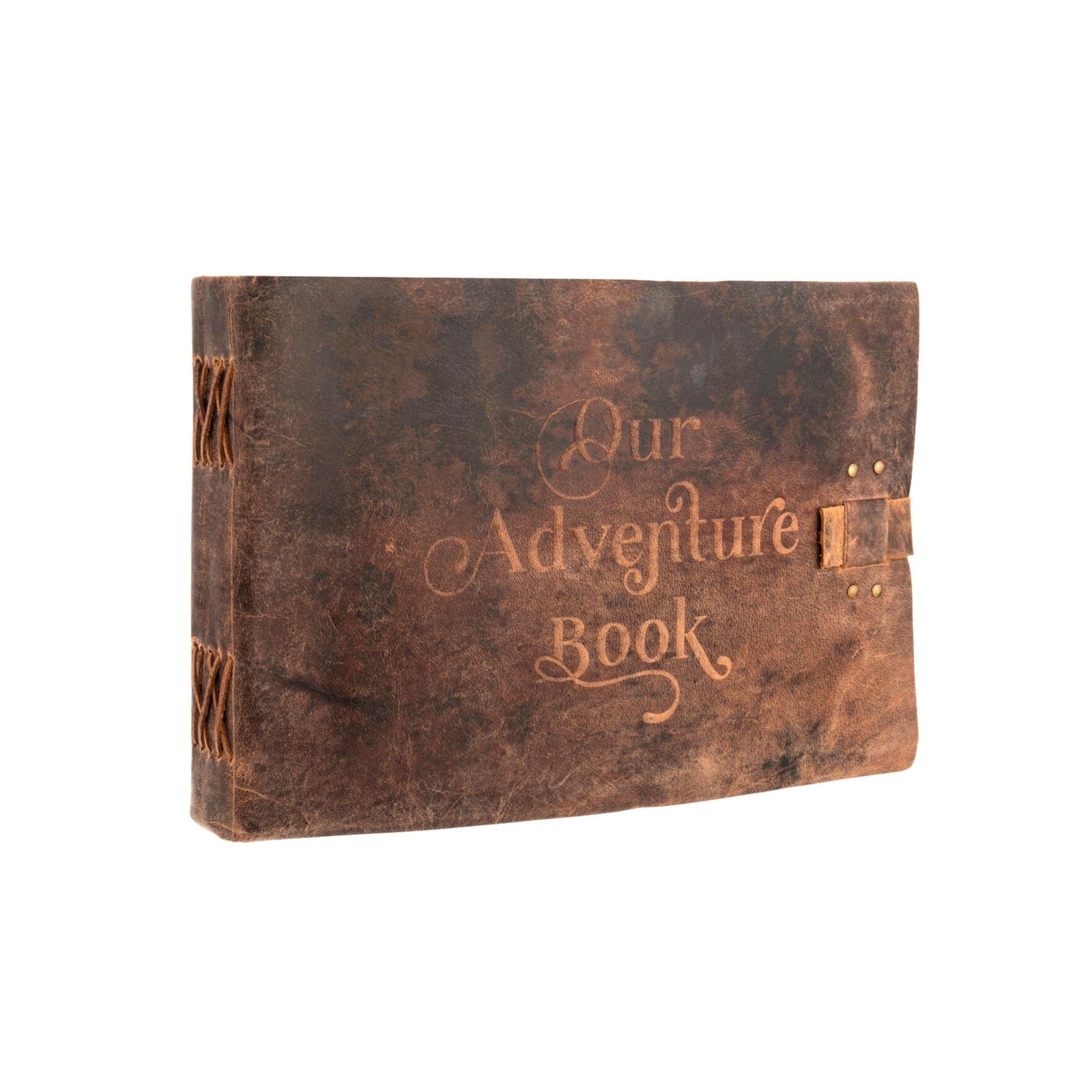 Brown leather-bound book with 'Our Adventure Book' engraving on a white background