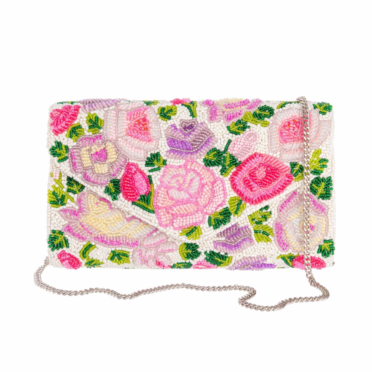 Designed exclusively for The Huntington Store, our iconic Rose Garden inspired this opulently hand-beaded purse. The purse features colorful blooms in shades of pink, lemon, and lilac, accented by verdant green leaves on an ivory base. Our Huntington’s 100th two-tone rose makes a star appearance.