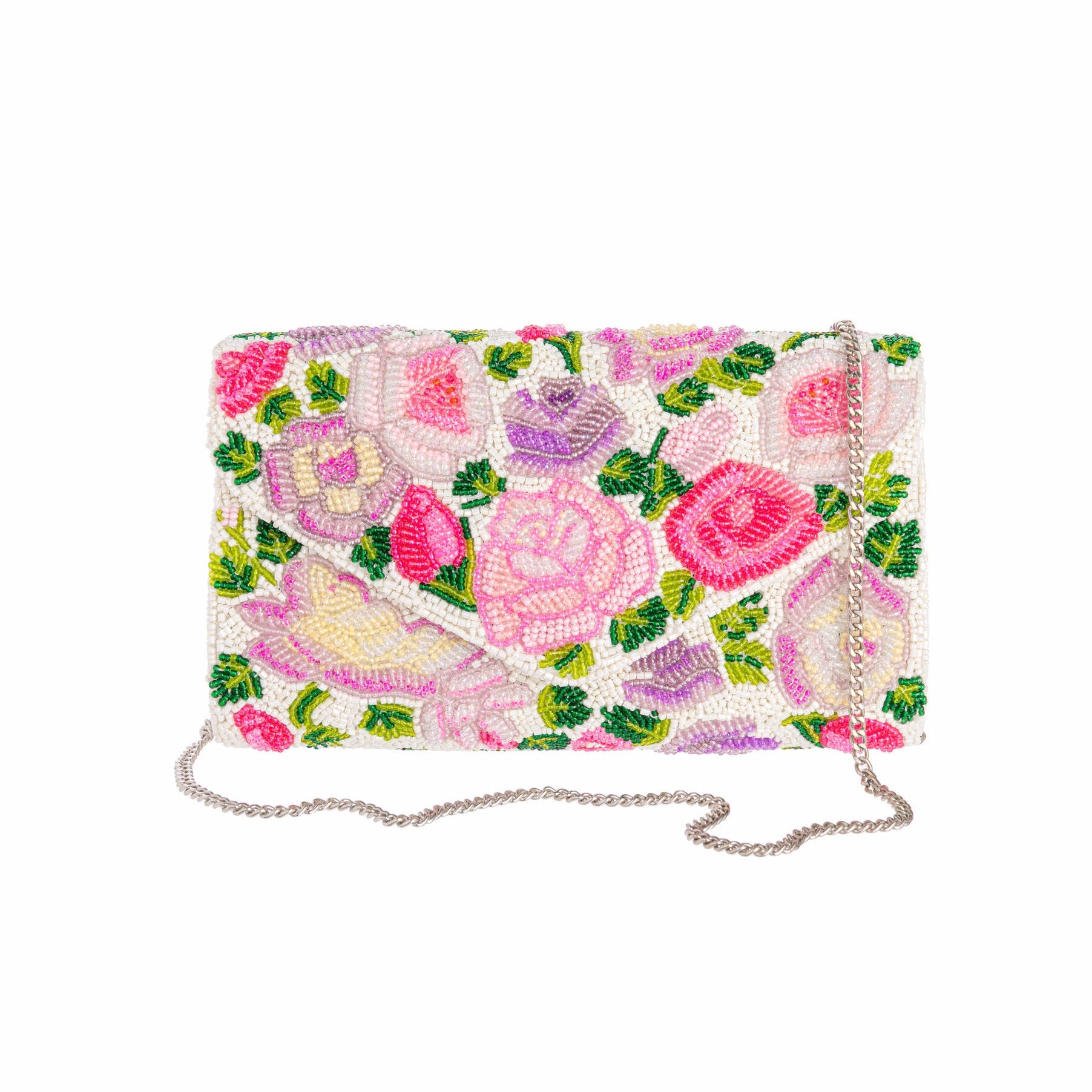 Designed exclusively for The Huntington Store, our iconic Rose Garden inspired this opulently hand-beaded purse. The purse features colorful blooms in shades of pink, lemon, and lilac, accented by verdant green leaves on an ivory base. Our Huntington’s 100th two-tone rose makes a star appearance.