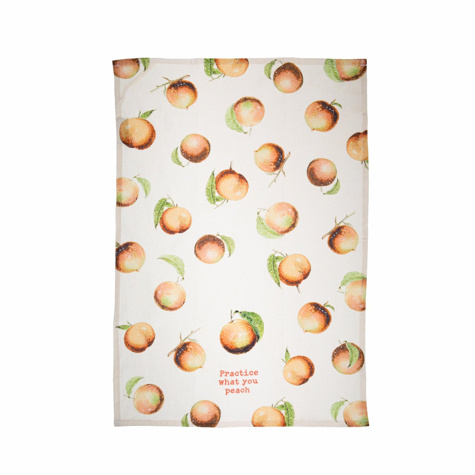 This whimsical cotton linen blend kitchen towel features an all-over retro style peach design and punny embroidered "Practice what you peach" sentiment.