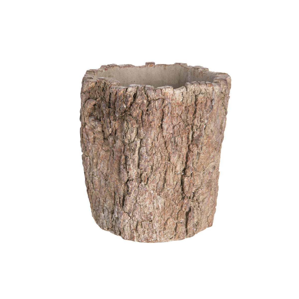 Tree bark-textured planter on a white background