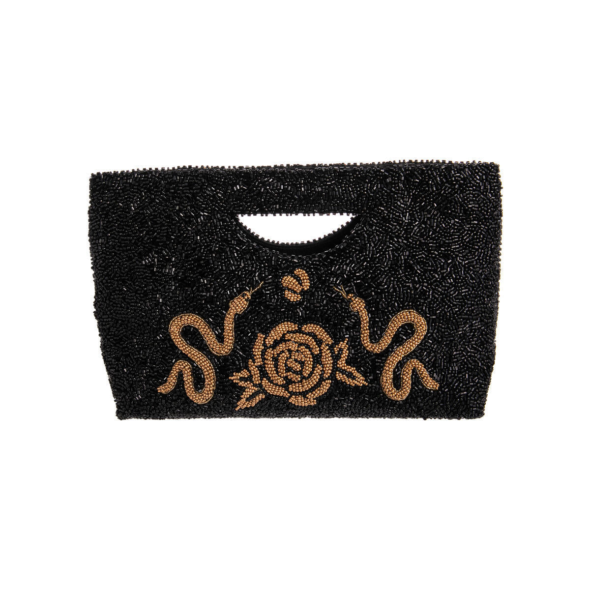 Elevate your style with our Year of the Snake Beaded Clutch. This stunning bag features intricate snake designs, a small interior pocket, and satin lining.