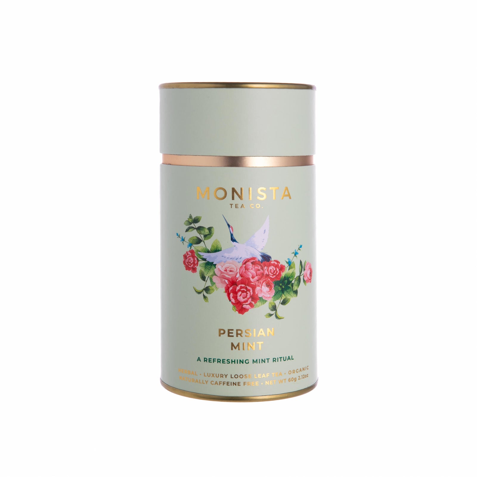 Persian Mint Tea canister with floral design and 'Monista' branding on a white background