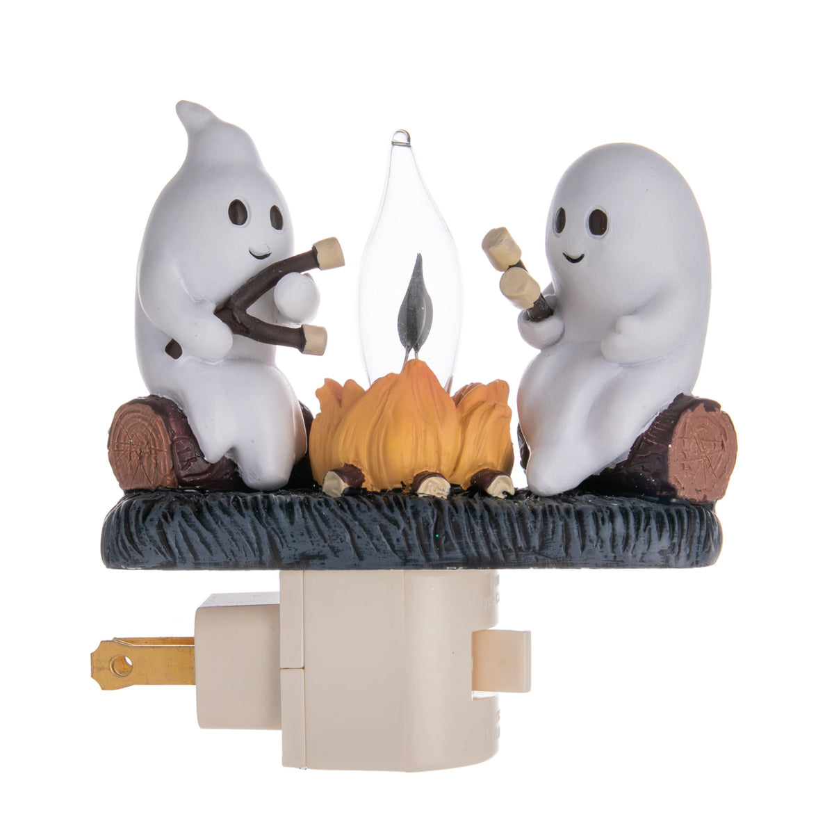 This playful nightlight adds a touch of fun to your room with its ghostly glow. Features two cute ghosts, roasting marshmallows around a cozy flickering campfire. Perfect for creating a warm glow or as a quirky nightlight for kids. Plugs into any standard 120v outlet. 360-degree swivel mount with on/off switch. 4.25&quot; x 4&quot; Ages 14+