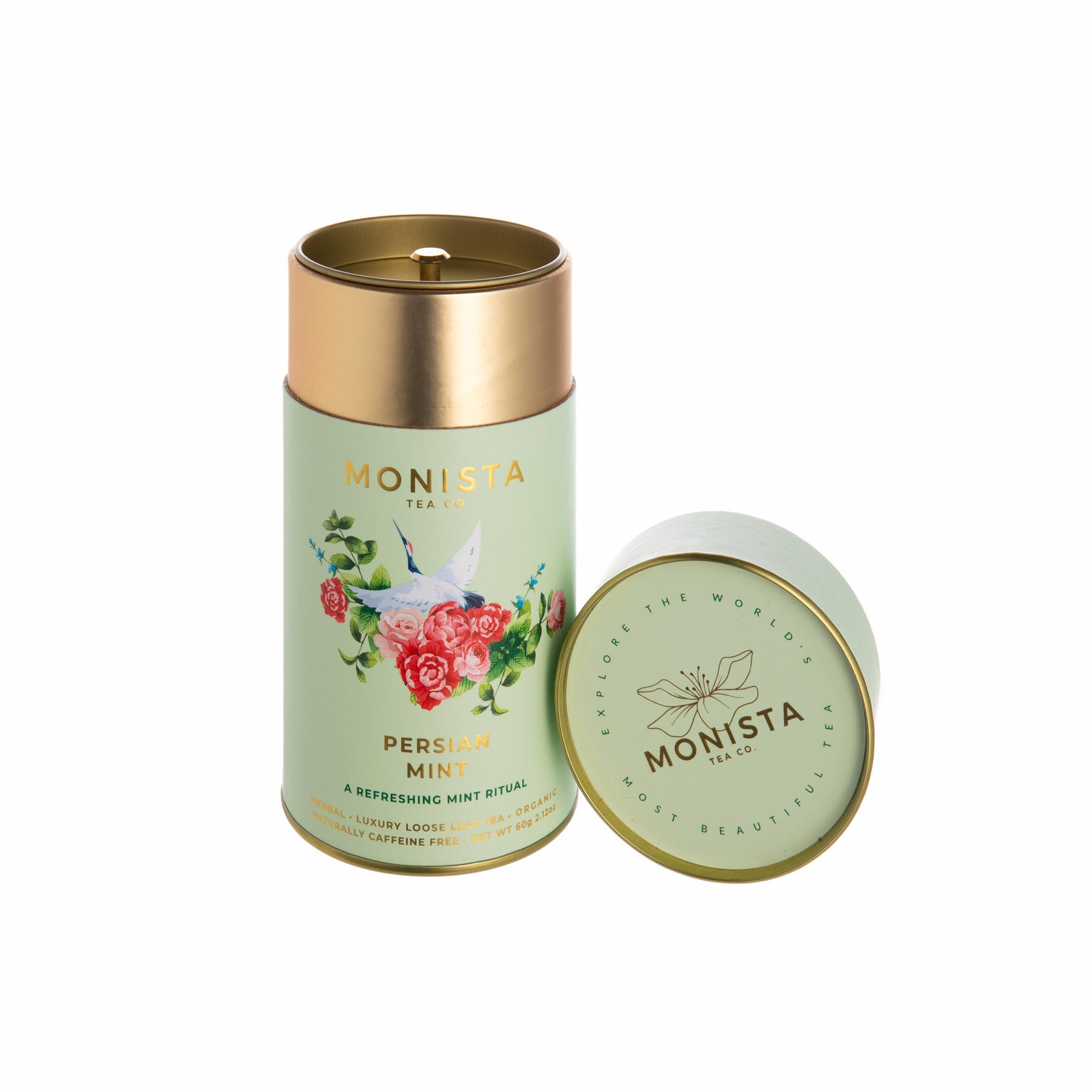 Persian Mint Tea canister with floral design and 'Monista' branding on a white background