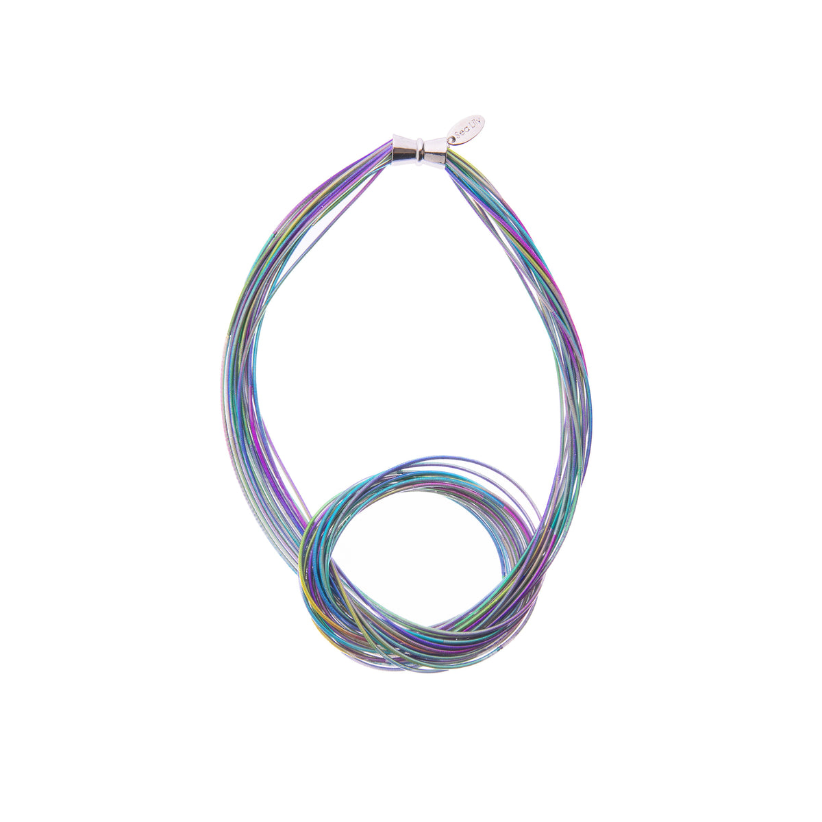 Multicolored necklace made from piano wire on a white background