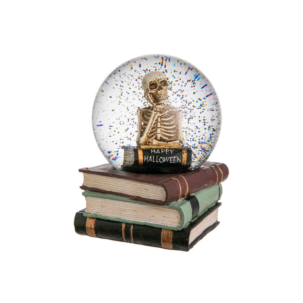 Halloween-themed snow globe with skeleton on books against a white background