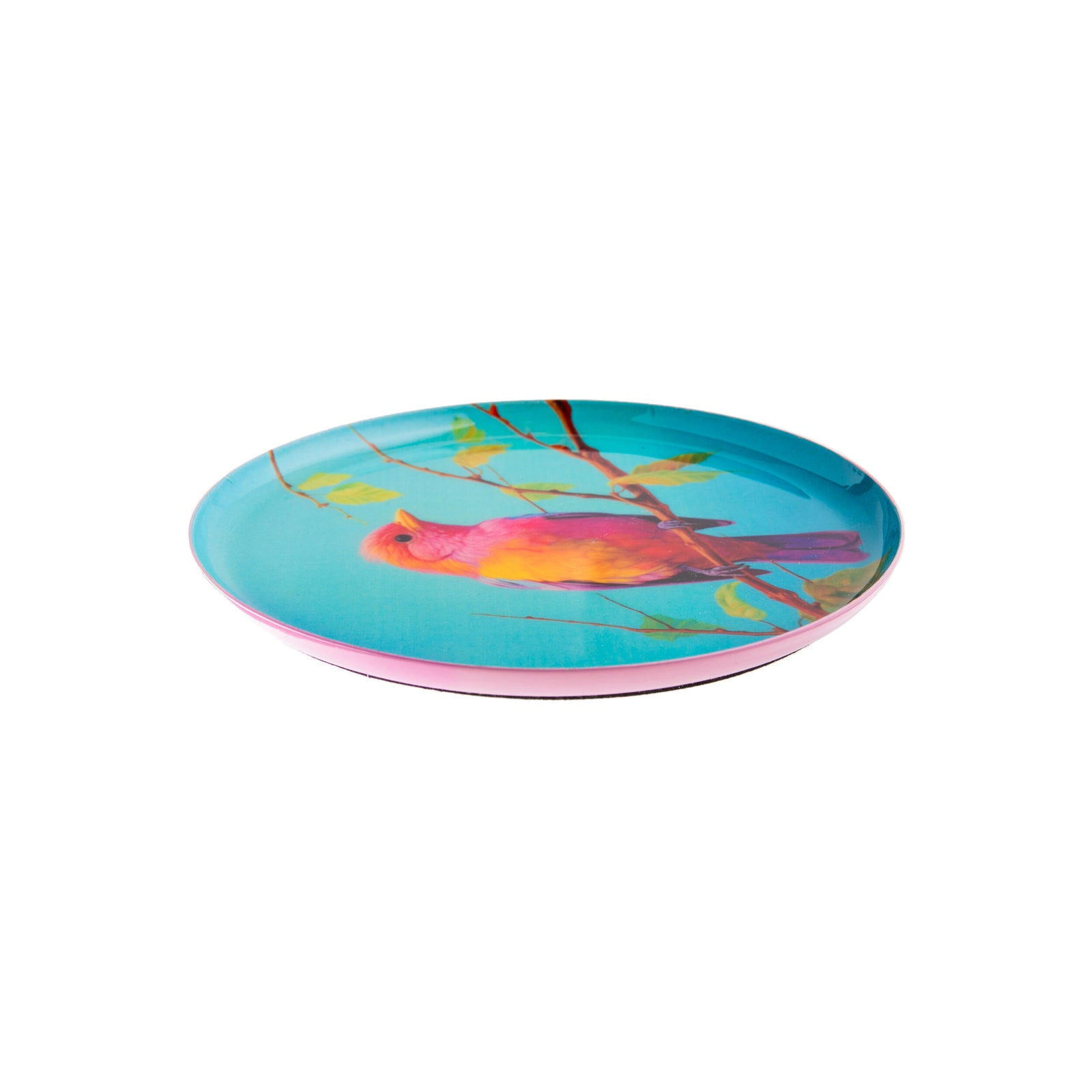 Round trinket tray featuring a colorful bird on a branch against a blue sky on a white background