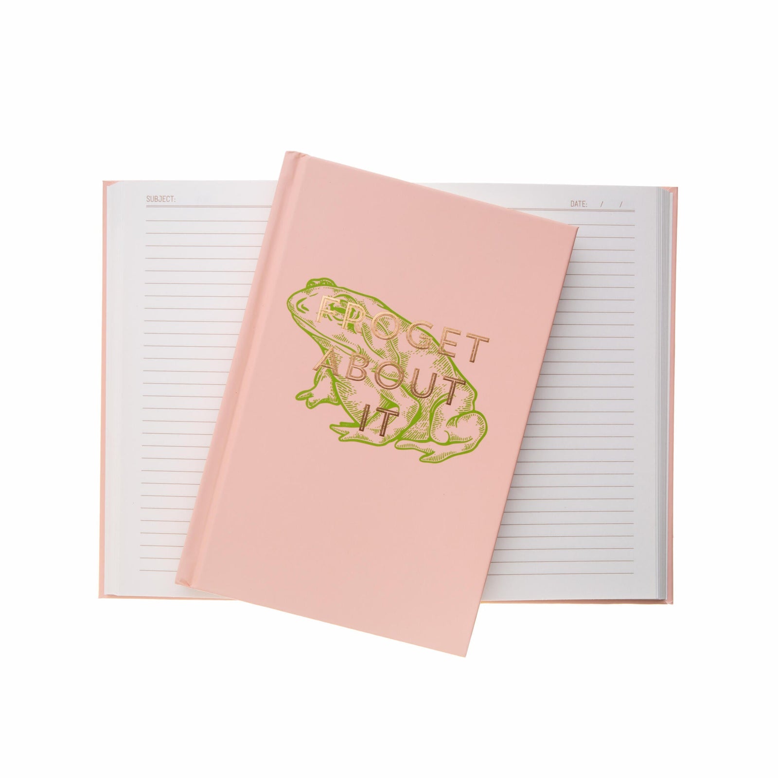 Pink notebook with a green frog illustration and 'GET OUT!' text on a white background
