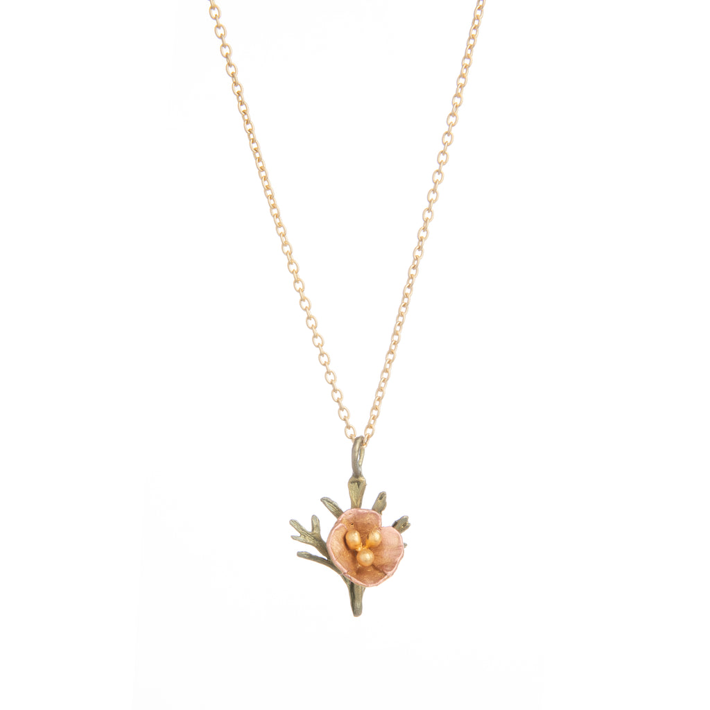 This delicate, versatile golden pendant necklace features a single-stem poppy in full bloom. It can add a touch of California elegance to any look. Materials: hand-finished cast bronze with 24K gold-plated petals and leaves and cast-bronze pollen stems Bronze chain Adjustable chain length: 16" Pendant size: 1.1"