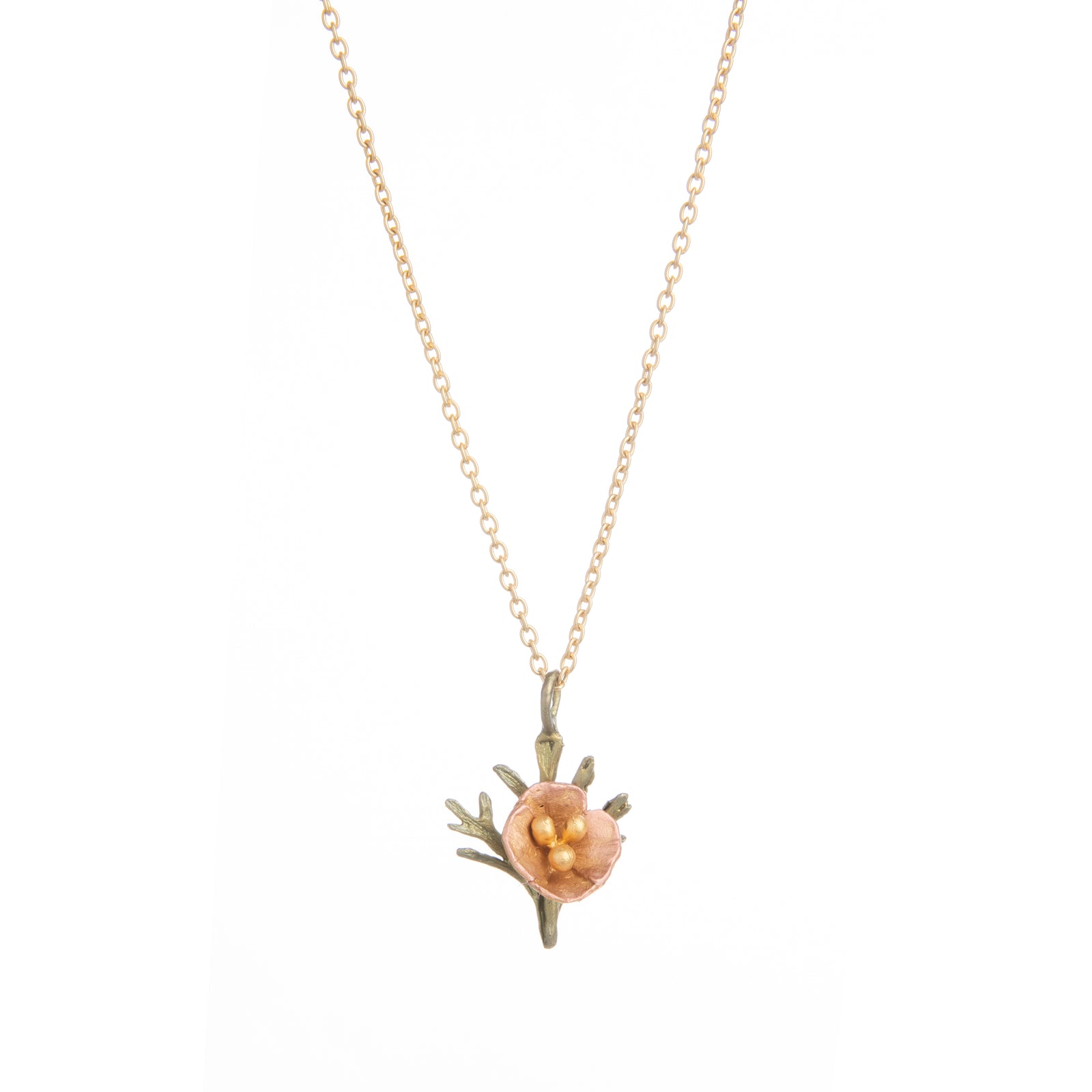 This delicate, versatile golden pendant necklace features a single-stem poppy in full bloom. It can add a touch of California elegance to any look. Materials: hand-finished cast bronze with 24K gold-plated petals and leaves and cast-bronze pollen stems Bronze chain Adjustable chain length: 16" Pendant size: 1.1"