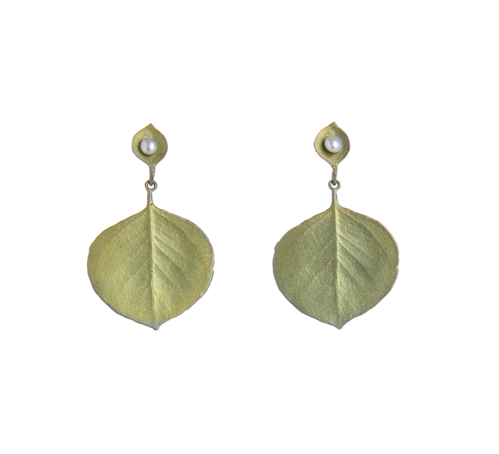 A pair of dangle earrings featuring hand patinated bronze leaves with a miniature real freshwater pearl accent, in a gold tone.