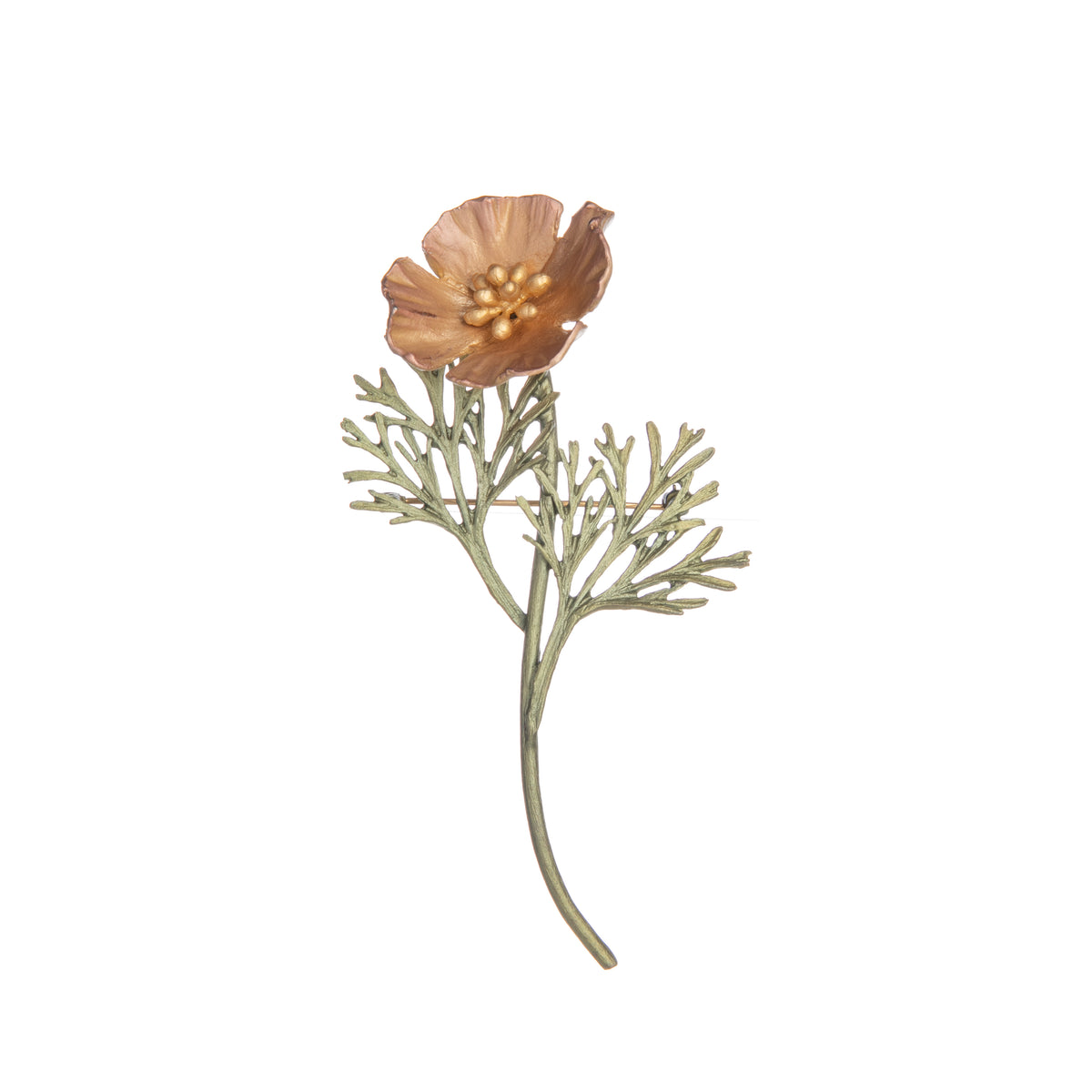 The California poppy is a beloved plant that’s native to the United States. It is the official state flower of California. This elegant and sophisticated single-stem poppy pin will add a spring pop to any outfit. Materials: hand-finished cast bronze with 24K gold-plated petals and pearl center. Dimensions: 4&quot; x 2&quot;.