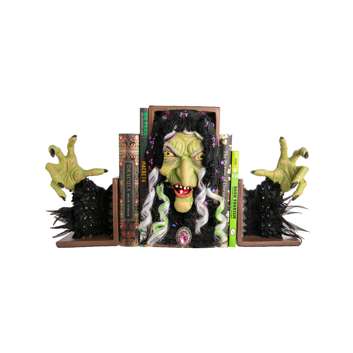 Bookend set with a witch design on a white background