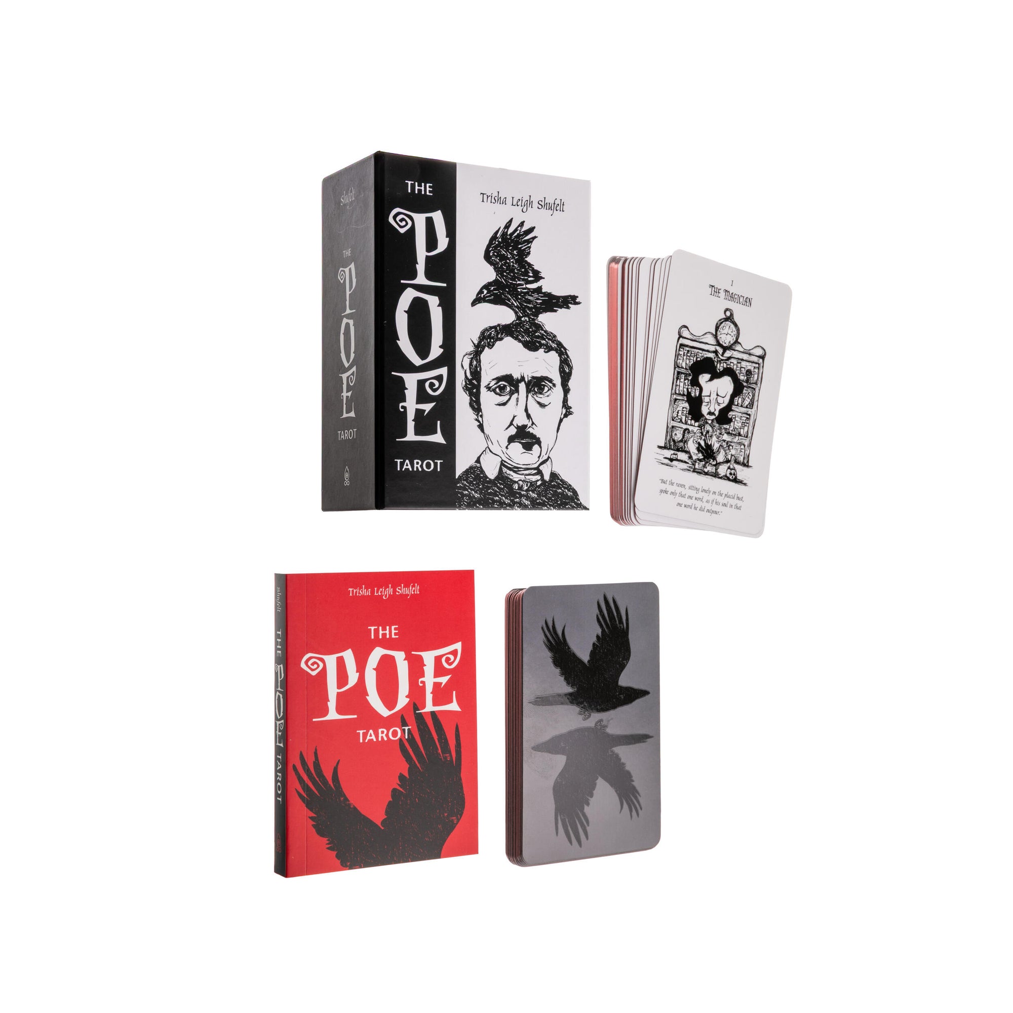 Collection of 'The Poe Tarot' with tarot cards, box, and book on a white background