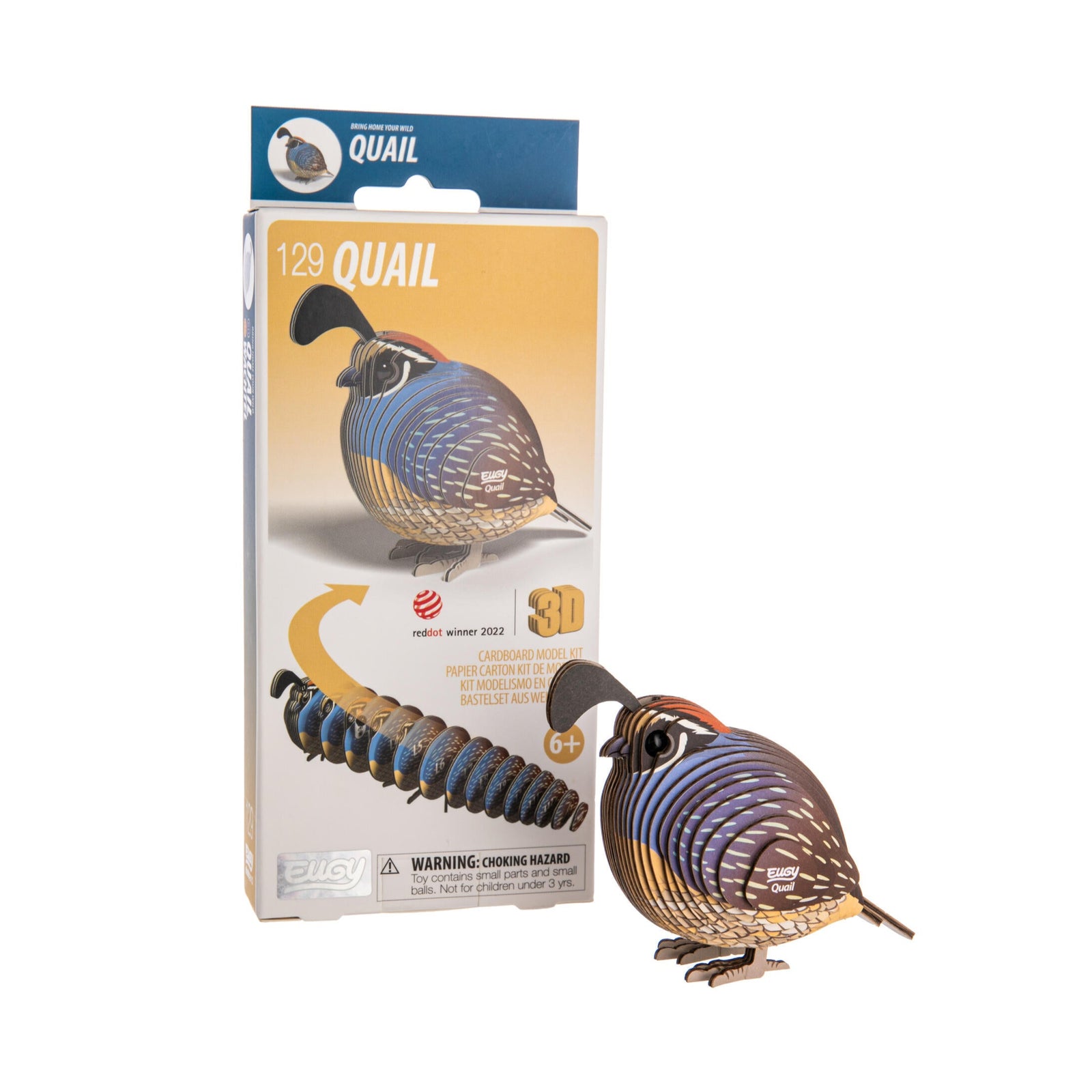 Model quail with packaging on a white background