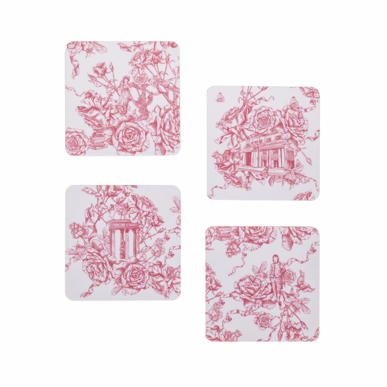 This pretty coaster set features our wonderfully detailed 'Huntington Toile' print. Originally a French design style, 'Toile de Jouy' prints featured intricate, repeating patterns of scenes or vignettes depicting pastoral or historical themes. Look closely at our toile, and you will notice recognizable Huntington details such as our Tempietto and Faux Bois Rose Arch