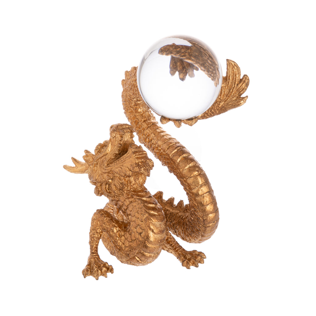 Based on a classic mythical good luck design, this elegant Dragon sculpture is made of cast iron with a gold leaf finish and a crystal sphere. This limited-edition sculpture is crafted from the finest materials and is heirloom quality and would make a striking centerpiece in any home. 7"L x 6.5"W x 10"H, 11.2 lbs.