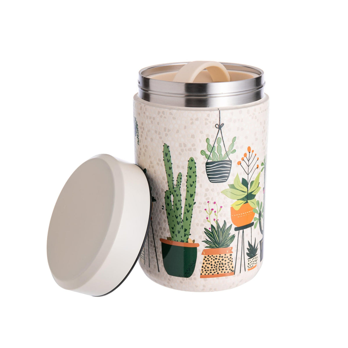 Food canister with a decorative design of cacti and plant illustrations on a white background