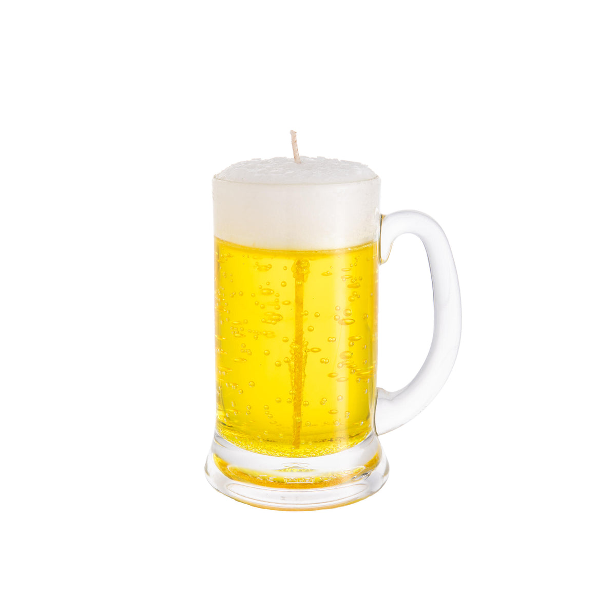 Candle shaped like a glass of beer with foam on a white background
