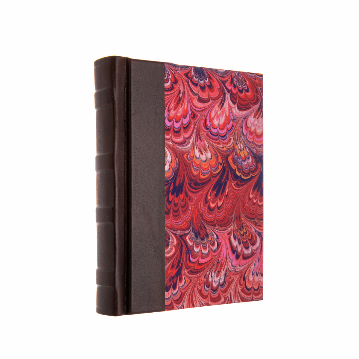 Notebook with a marbled red and purple cover on a white background
