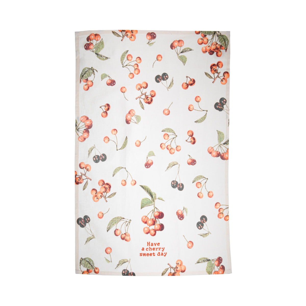 This whimsical cotton linen blend kitchen towel features an all-over retro style cherry design and punny embroidered &quot;Have a cherry sweet day&quot; sentiment.