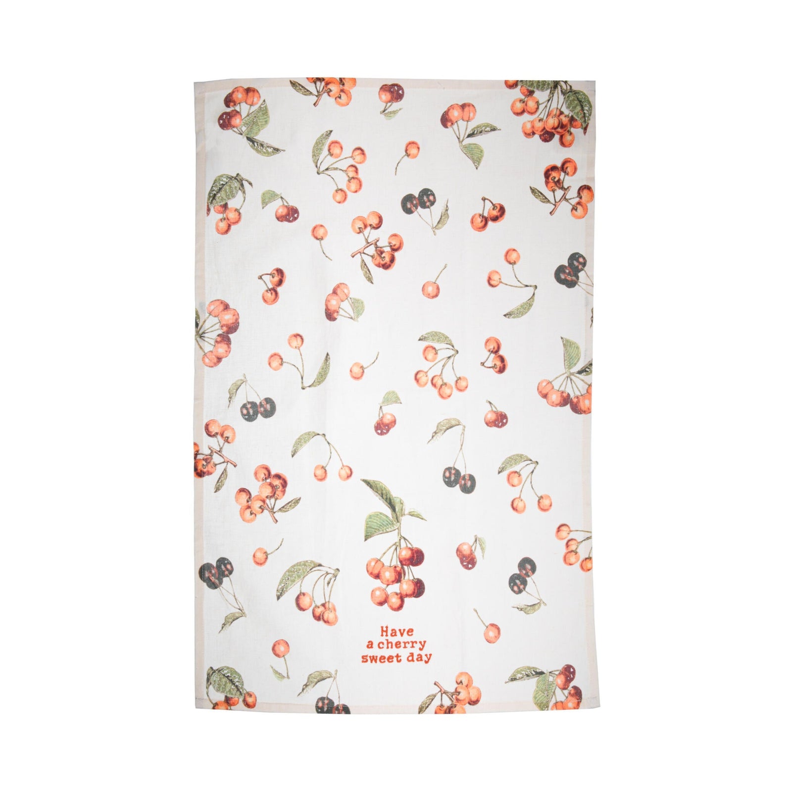 This whimsical cotton linen blend kitchen towel features an all-over retro style cherry design and punny embroidered "Have a cherry sweet day" sentiment.