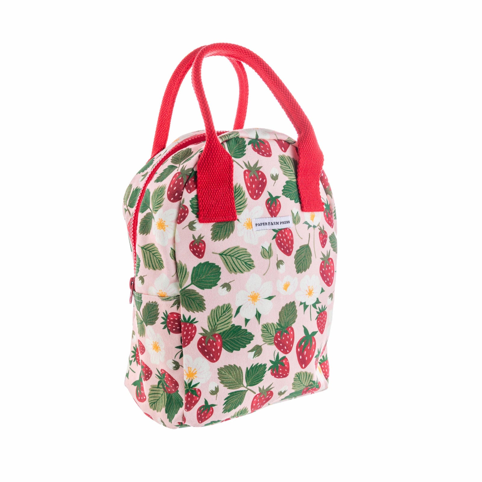 Delightful strawberry print, durable and easy-to-clean materials, spacious interior with insulated lining. Perfect for school, work, picnics, or outings. 