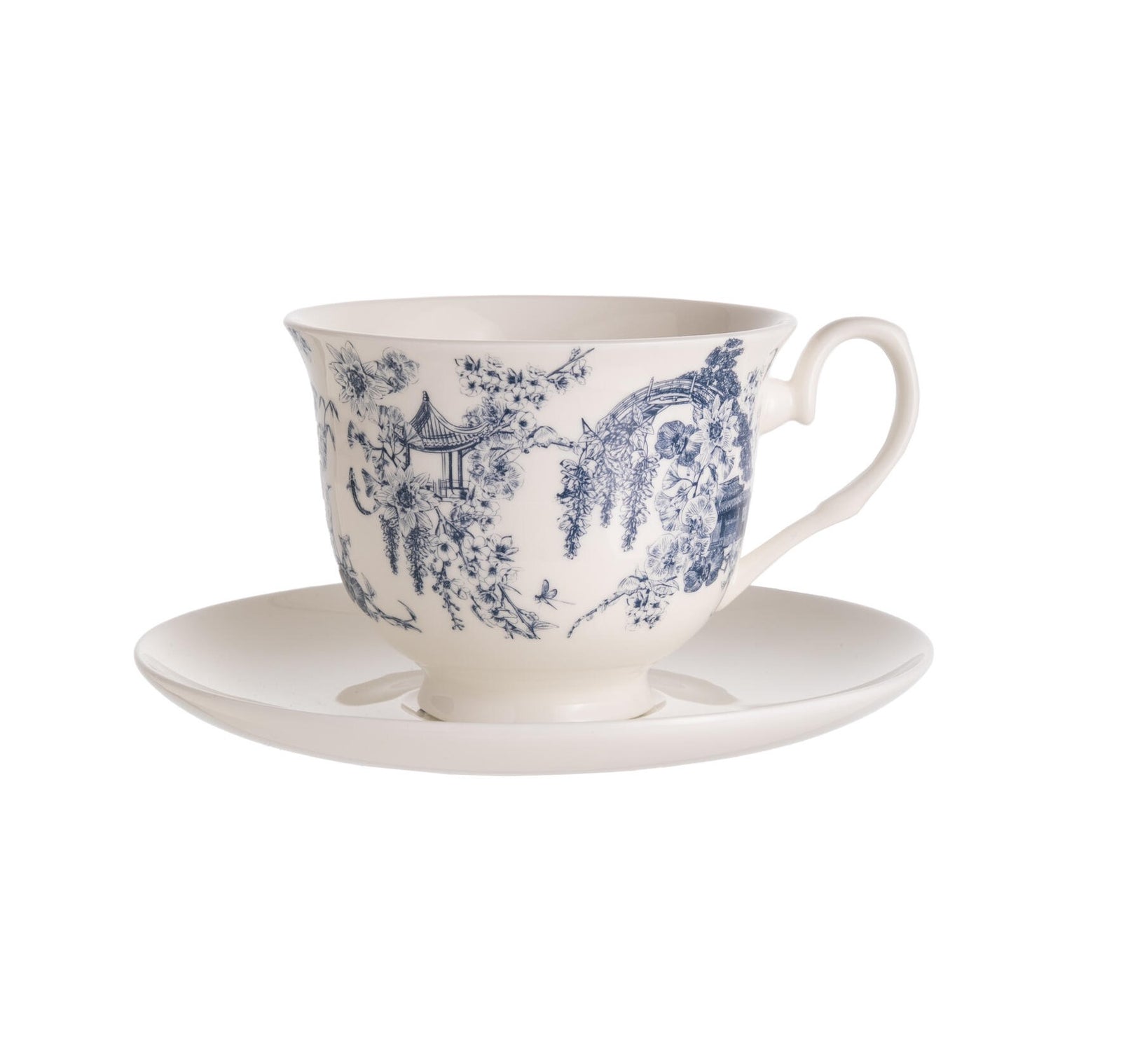 A bone China teacup and saucer with a blue Asian gardens toile print on a white background.