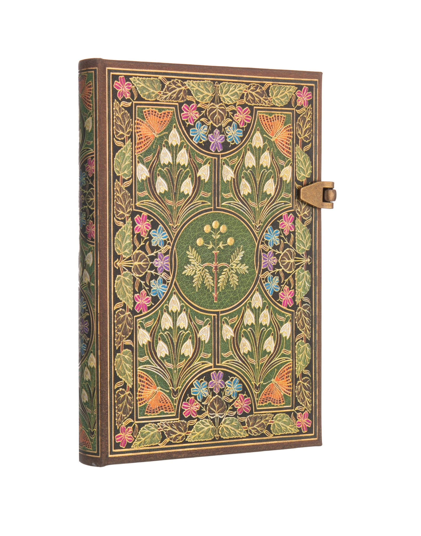 A decorative hardcover mini journal with a floral pattern on the cover, featuring a butterfly motif and a small lock.