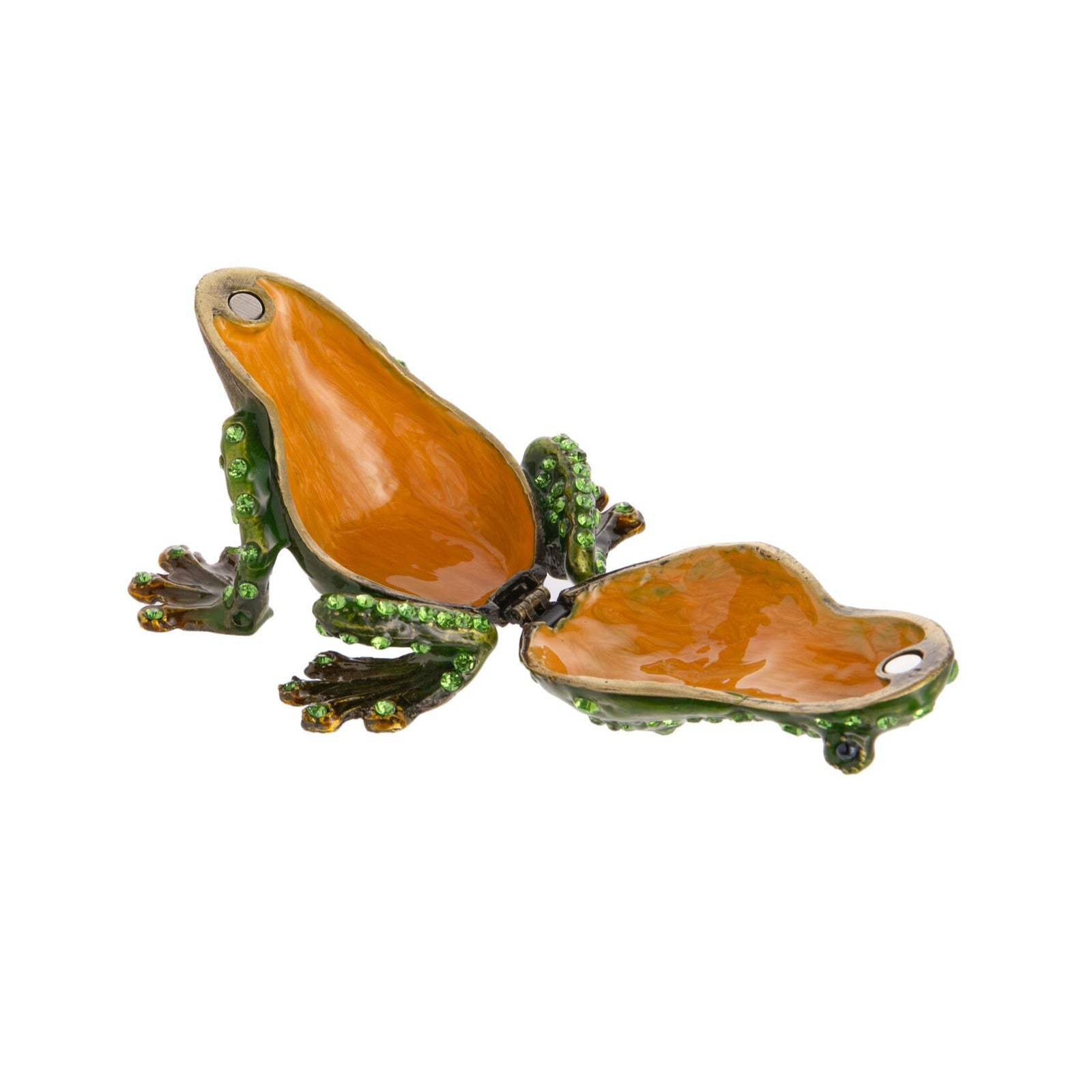 This adorable, sparkling amphibian is ready to hop onto your dressing table, counter, or windowsill. It opens to reveal a handy little trinket box, which is the perfect size for jewelry, pills, loose change, and more. Dimensions: 3.25" x 2.25" Materials: Metal, enamel, rhinestones