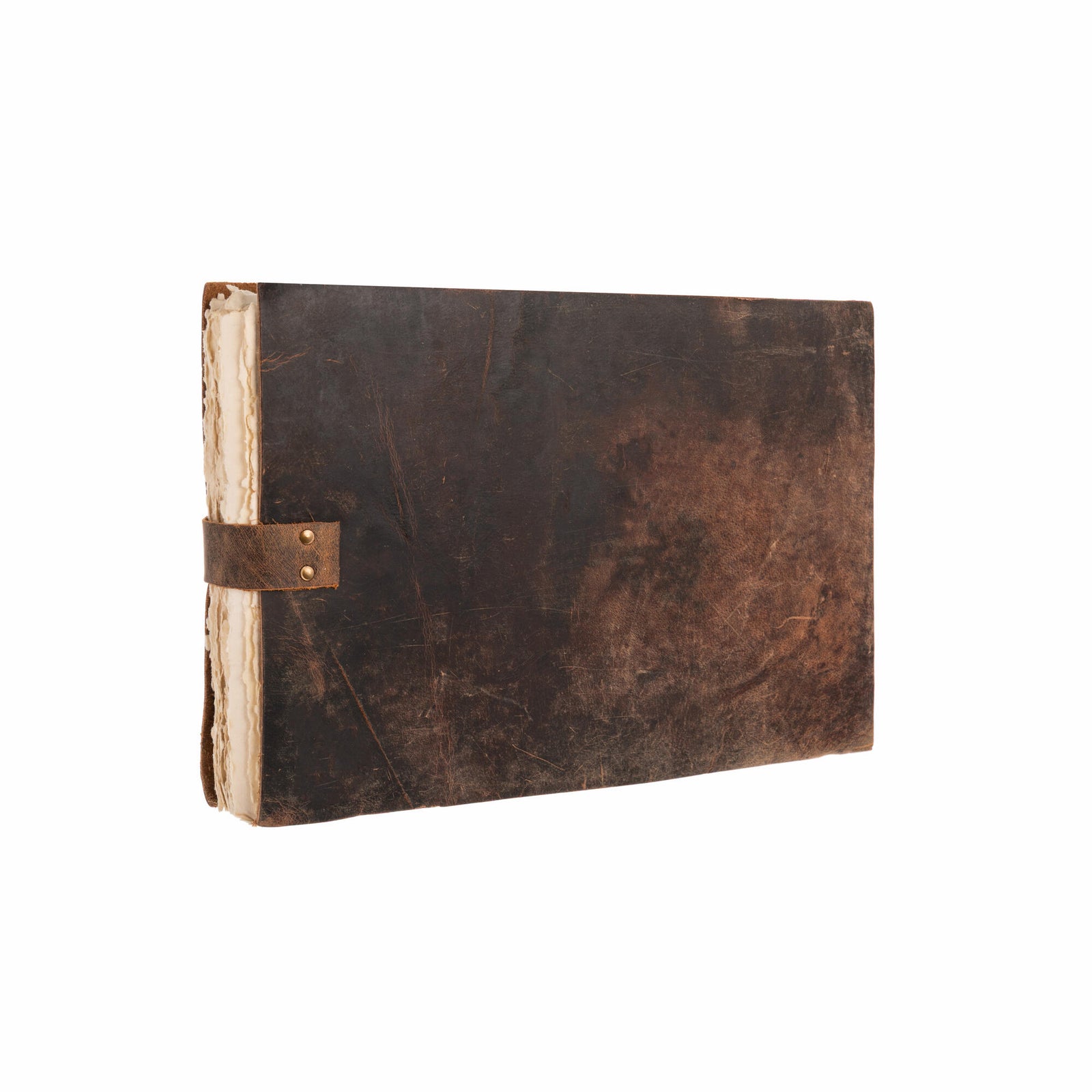 Brown leather-bound book with 'Our Adventure Book' engraving on a white background