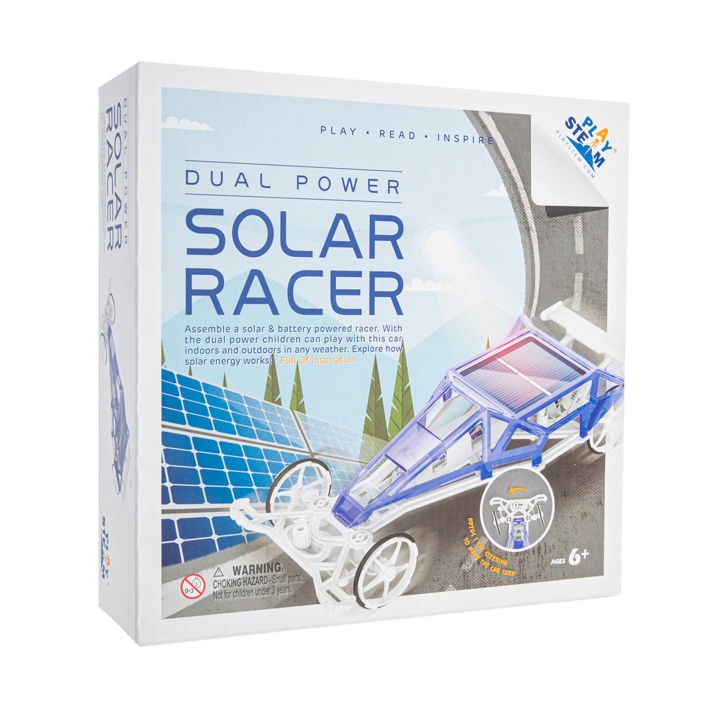 This dual power solar race car enables you to assemble your own eco-friendly and fun DIY car that uses the power of both solar and battery technology. With its dual power design, you can play with it no matter the weather and explore the science behind solar energy. Age: 6+ Dimensions (of package): 9" x 8.75" x 3".