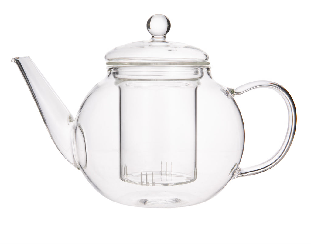 This gorgeous glass teapot is crystal clear to easily show off your blooming flower teas and their stunning display of color. With premium glass, a loose tea infuser, and a non-drip spout, this teapot might be your new favorite. 40 oz. capacity (4-5 cups) Hand-blown. Stovetop, dishwasher, microwave-safe.