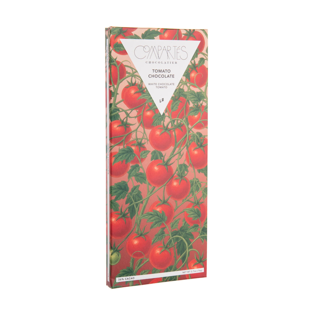 Chocolate bar packaging with tomato design on a white background