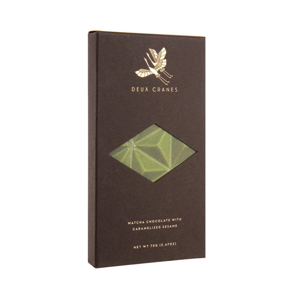 Chocolate packaging with geometric design and brand name on a white background