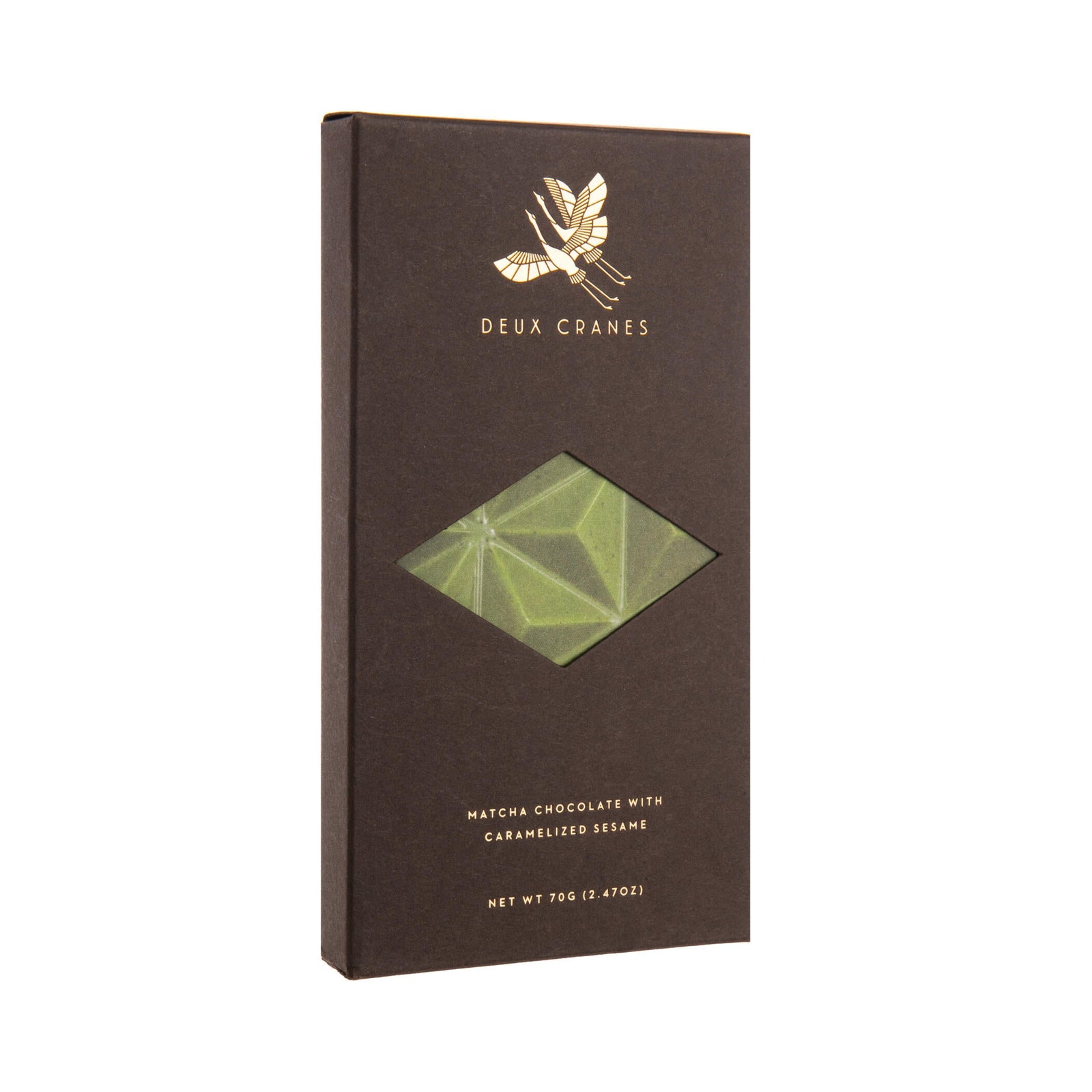 Chocolate packaging with geometric design and brand name on a white background