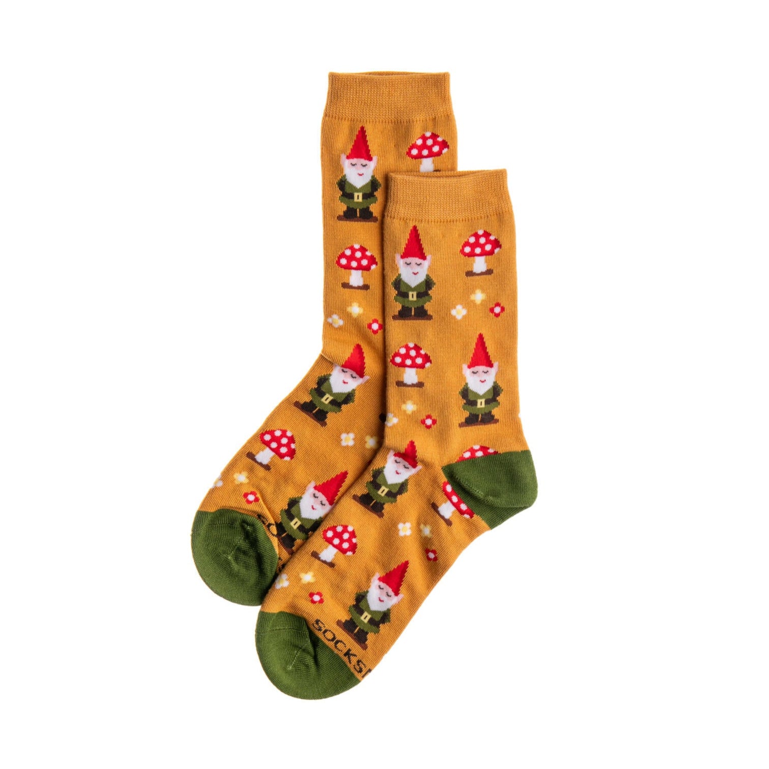 Pair of socks with gnome and mushroom pattern on a white background